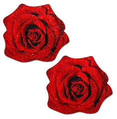 Pastease red glitter velvet blooming rose pasties, pair shown with sparkling textured finish