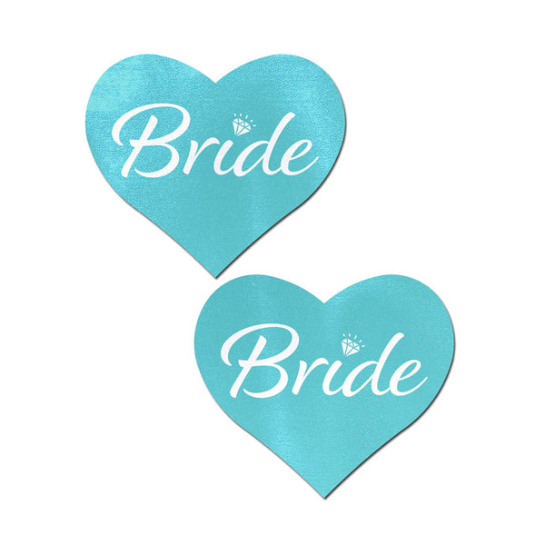 Pastease robin egg blue satin heart pasties with white 'Bride' script and diamond icon