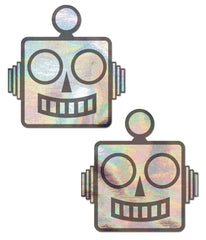 Pastease Robot Pasties in holographic silver with retro robot face design, set of two