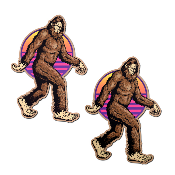 Pastease Sasquatch Bigfoot Nipple Pasties, two retro sunset stickers shown front view