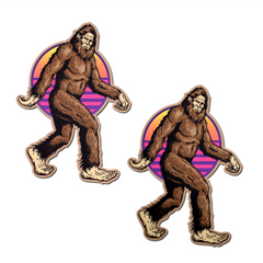 Pastease Sasquatch Bigfoot Nipple Pasties, two retro sunset stickers shown front view