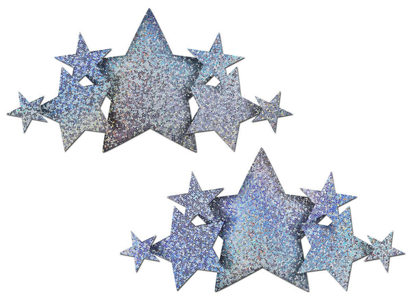 Pastease silver holographic glitter star-cluster pasties, shown as a mirrored pair on white