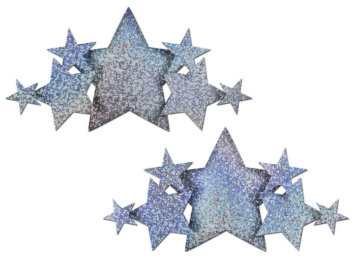Pastease silver holographic glitter star-cluster pasties, shown as a mirrored pair on white
