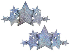Pastease silver holographic glitter star-cluster pasties, shown as a mirrored pair on white
