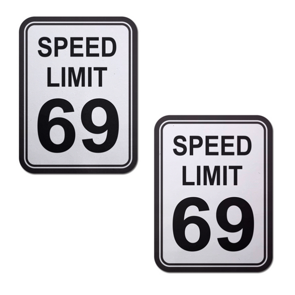 Pastease Speed Limit 69 Nipple Pasties shown as a matching pair, white with bold black text