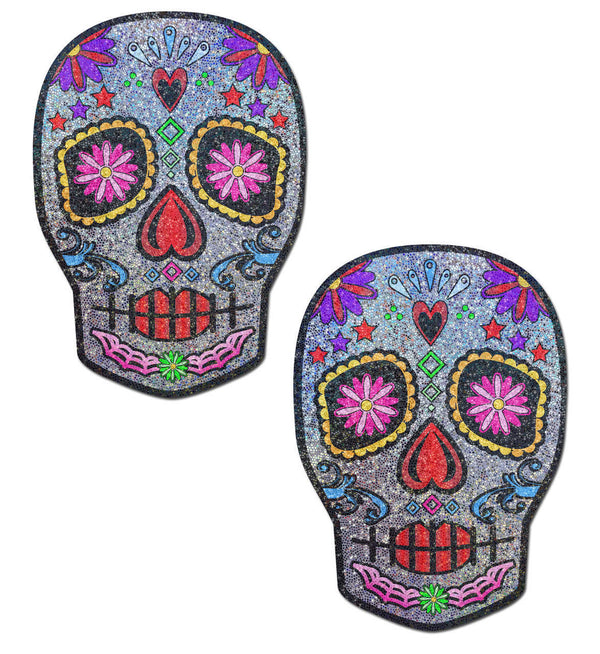 Pastease sugar skull pasties with glitter mosaic finish in multicolour Day of the Dead design