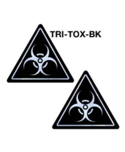 Pastease Toxic Symbol Triangle Pasties in black with silver biohazard print, shown front and back