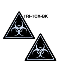 Pastease Toxic Symbol Triangle Pasties in black with silver biohazard print, shown front and back