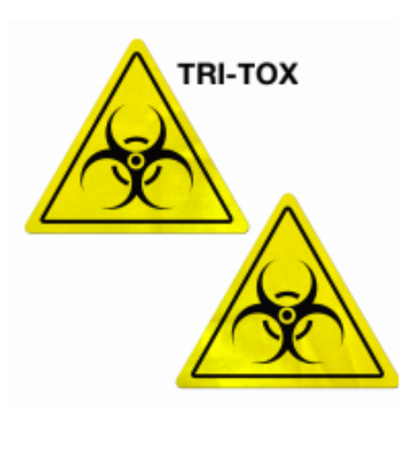 Pastease Tri-Tox yellow biohazard triangle pasties, two adhesive pieces shown front view