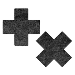 Pastease x + Liquid Black cross-shaped pasties in glittery black, shown as a matching pair