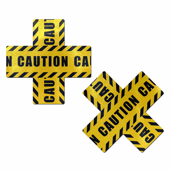 Pastease yellow and black caution tape cross-shaped pasties, shown as a matching pair