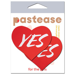 Pastease YES Heart Nipple Pasties in retail packaging, two red heart covers visible