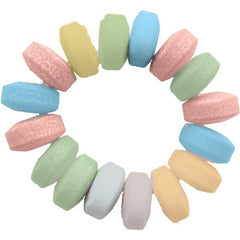 Pastel multicolor candy ring showing pink, blue, green, yellow, and white sugar-pressed pieces