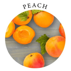 Peach scent label showing ripe peaches with mint leaves, matching the candle's edible fragrance