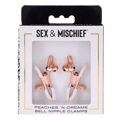 Peaches 'N CreaMe Bell Nipple Clamps in retail packaging by Sex & Mischief brand