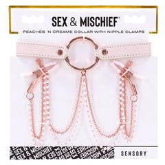 Peaches N Creame Collar with Nipple Clamps in blush pink retail packaging