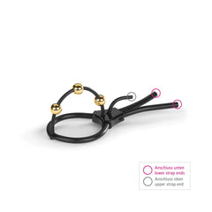 Pearly Pete strap with labeled upper and lower connection points highlighted in pink and grey