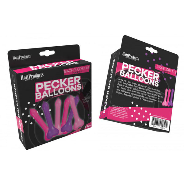 Pecker Party Balloons packaging front and back showing 6-piece assorted pink and purple bachelorette set