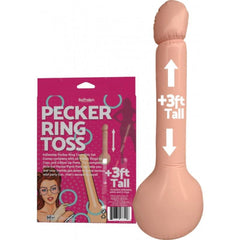 Pecker Ring Toss inflatable party game shown beside its pink product packaging, over 3ft tall