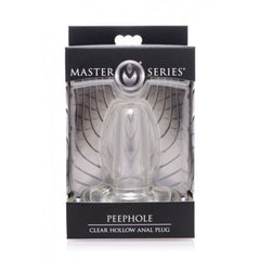 PeepHole Clear Hollow Anal Plug by Master Series shown in dark retail box packaging