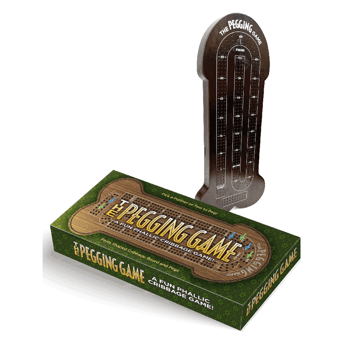 The Pegging Game phallic-shaped wooden cribbage board and green retail box by Little Genie