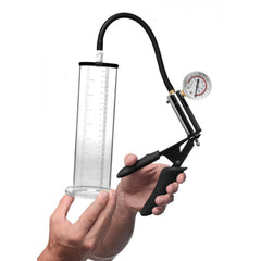 Penis Pump Kit with 2.5" clear graduated cylinder and pressure gauge held in two hands