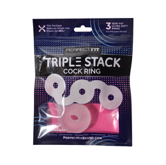 Perfect Fit Brand Triple Stack Cock Ring retail packaging showing clear and pink color options