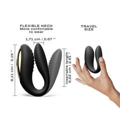 Perfect Lover flexible neck dimensions shown: 8.11cm length, 6.62cm insertable, travel size comparison