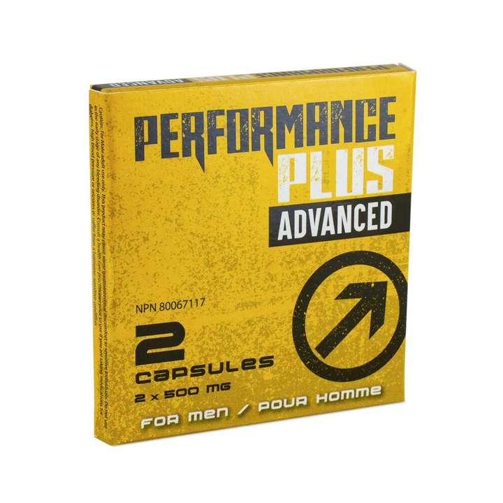 Performance Plus Advanced for Men 2-capsule pack in bold yellow box, 2×500 mg formula