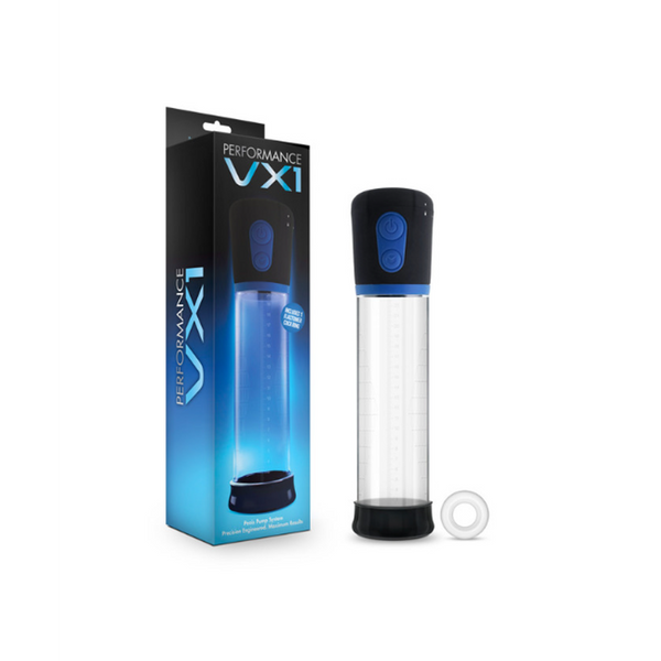 Performance VX1 male enhancement pump with clear cylinder, black top, and retail box