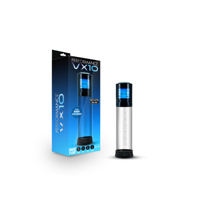 Performance VX10 Smart Pump in clear with black top, shown beside its retail box