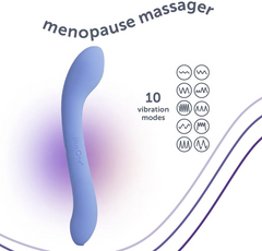 Periwinkle blue menopause massager beside icons illustrating all 10 unique vibration pattern modes