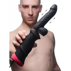 Person holding Mega-Pounder one-handed with motion arrows indicating back-and-forth thrusting action