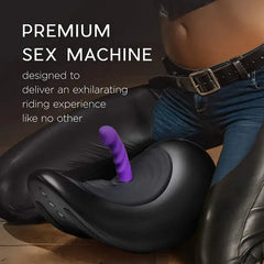 Person straddling the Cowgirl Saddle sex machine with purple attachment, shown in use context