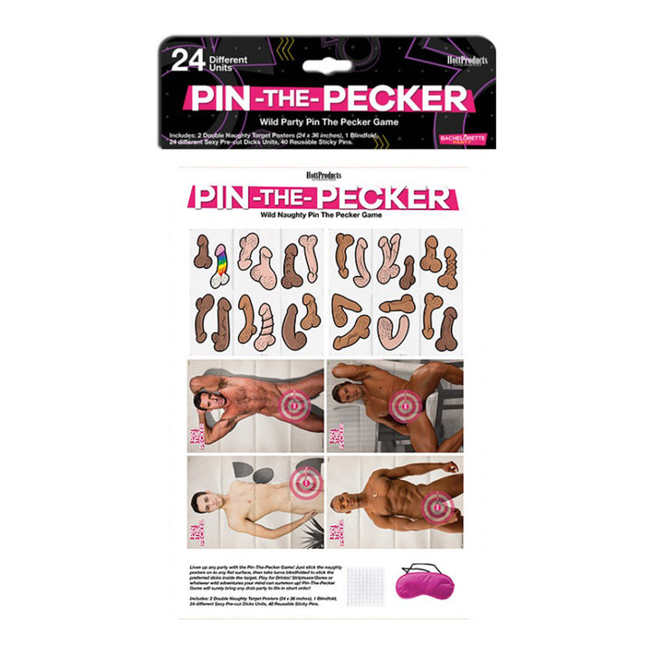 Pin The Pecker Game by Hott Products with 24 reusable sticky pecker pieces and target posters