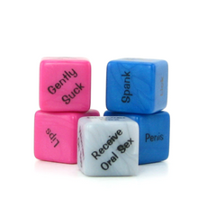 Pink, blue, and white marbled dice from the Let's F*ck Dice Game displayed on white background