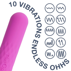 Close-up of pink bullet tip beside icons illustrating all 10 vibration pattern settings available