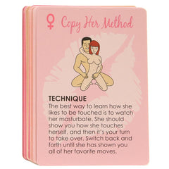Pink card from the card game showing illustrated technique description for couples