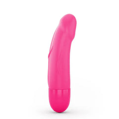 Pink curved silicone vibrator shown from side angle, smooth ergonomic body