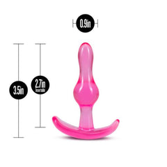 Pink curvy anal plug with dimensions: 3.5in total, 2.7in insertable, 0.9in wide