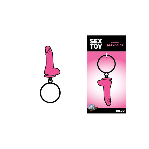 Pink dildo keychain beside its Sex Toy Enamel Keychains retail packaging