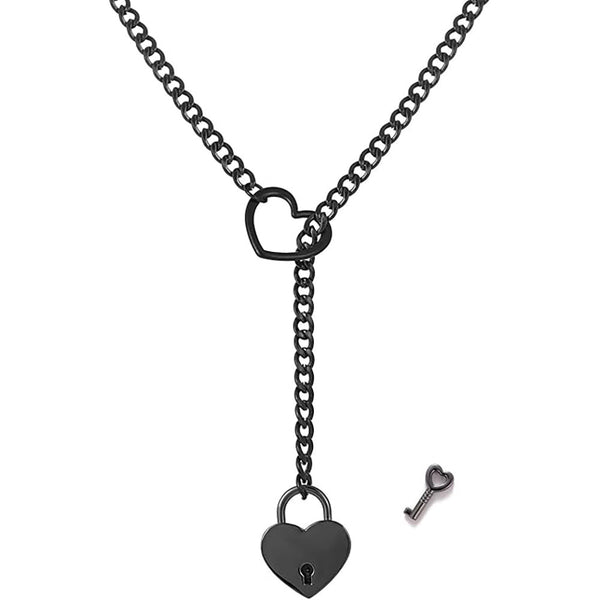 Pink Elephant black curb chain lariat necklace with open heart ring, heart padlock pendant, and small skeleton key
