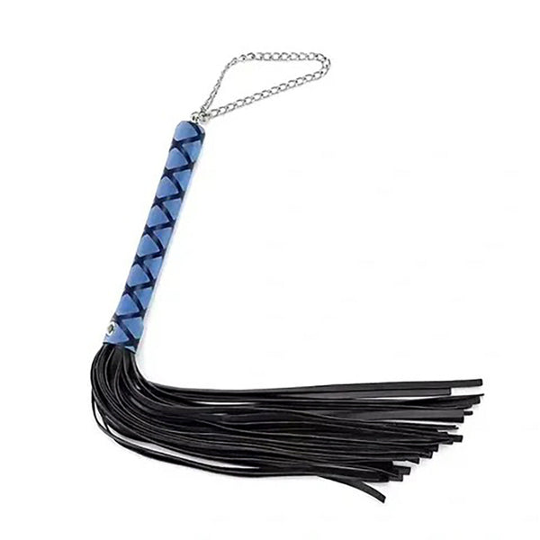 Pink Elephant Blue and Black Flogger 16" with braided blue handle, silver chain loop, and flowing black leather tails