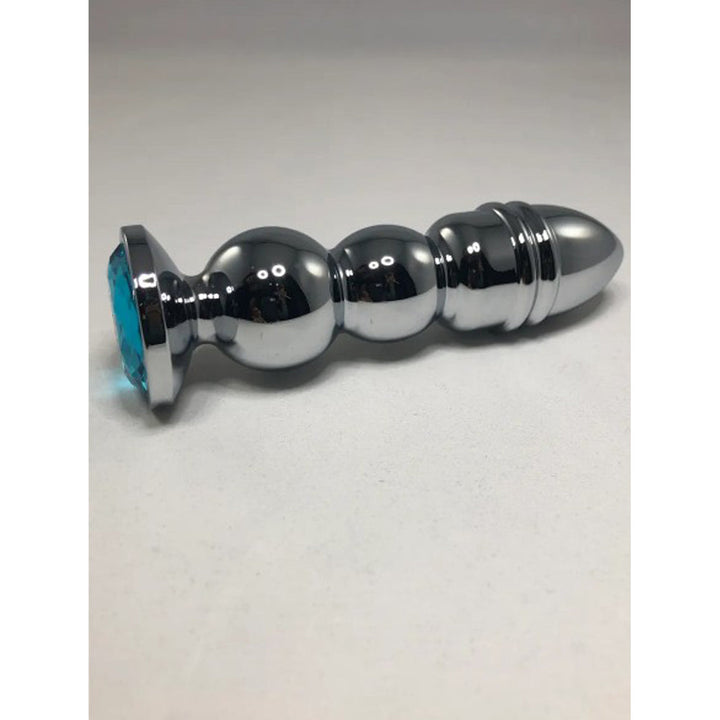 Pink Elephant Bud Bullet Large Anal Plug with blue gem base, silver beaded metal body, side view