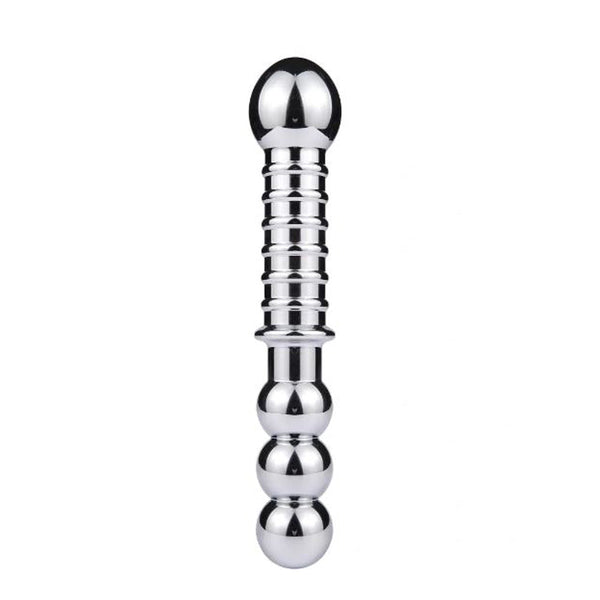 Pink Elephant Extreme Driver stainless steel double-ended dildo, silver, front view