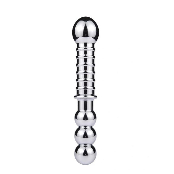 Pink Elephant Extreme Driver stainless steel double-ended dildo, silver, front view