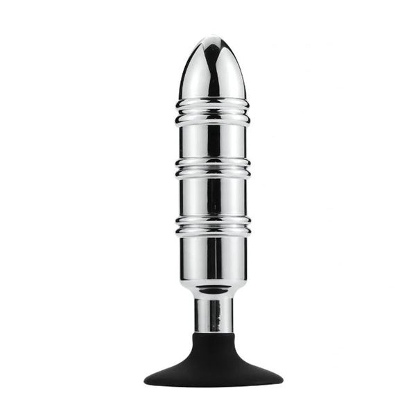 Pink Elephant Extreme Missile stainless steel anal plug with ribbed shaft and black silicone suction base