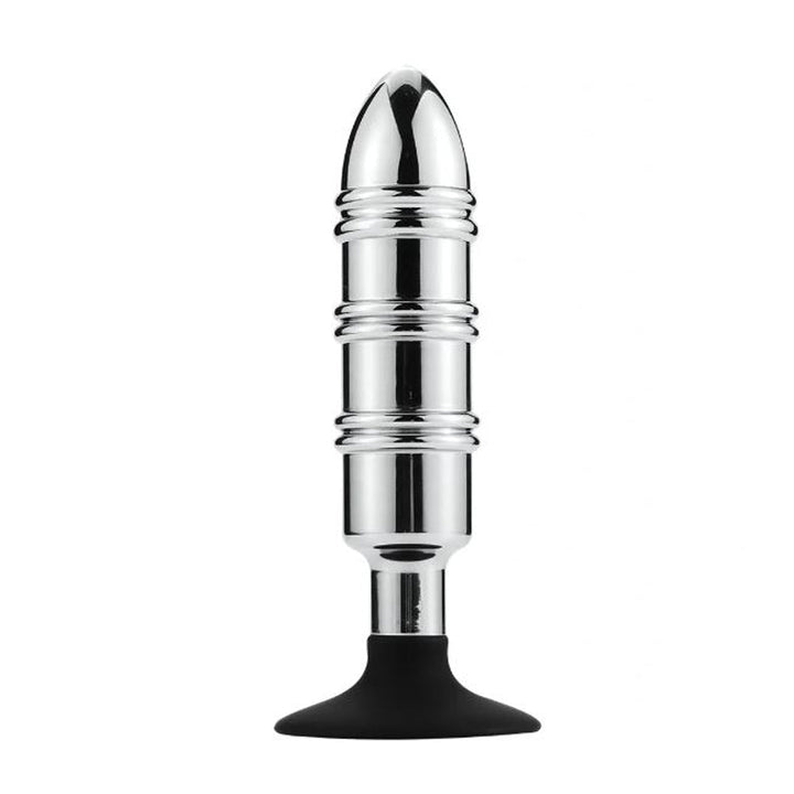 Pink Elephant Extreme Missile stainless steel anal plug with ribbed shaft and black silicone suction base