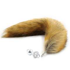 Pink Elephant Faux Fox Tail with Detachable Plug in warm brown faux fur, shown with silver crystal accessory hardware