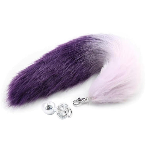 Pink Elephant faux fox tail in purple-to-white ombre with detachable plug and crystal charm accent